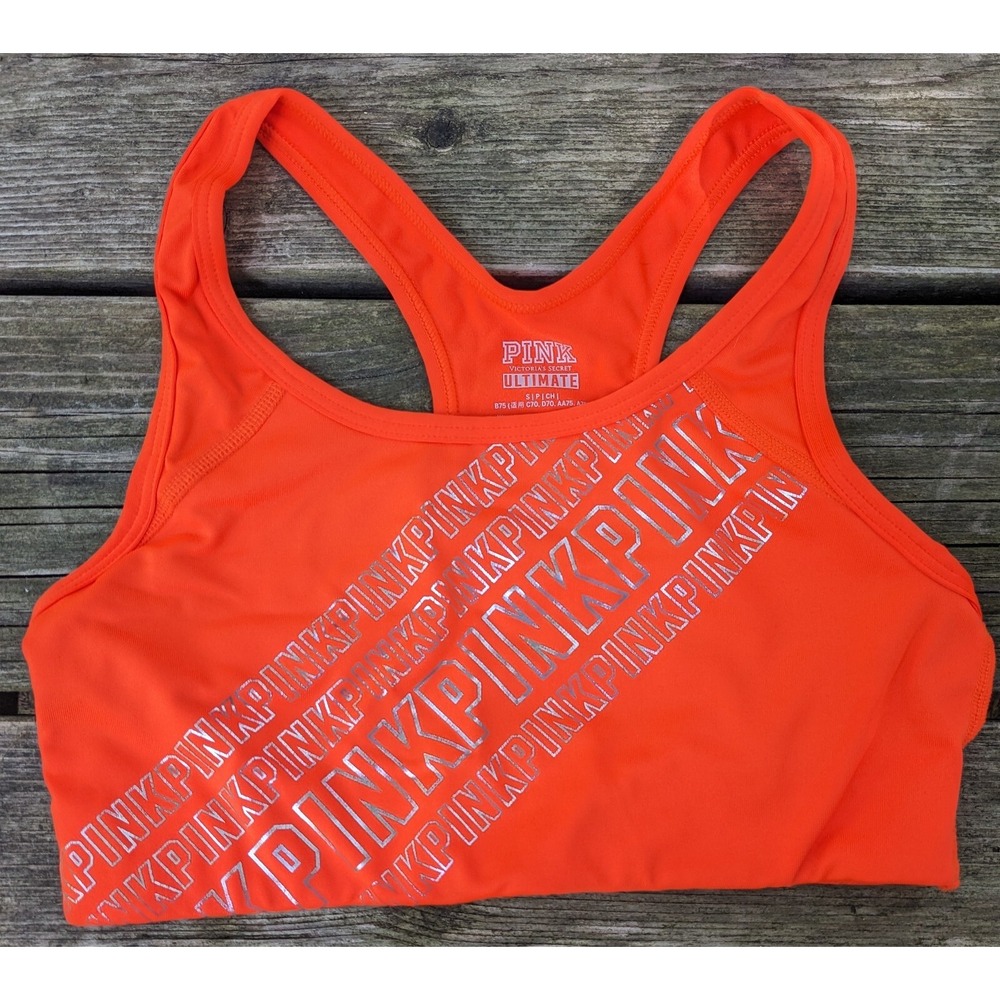 Ultimate Sports Bra Victorias Secret Womens Small Neon Orange Silver Gym‎ PINK